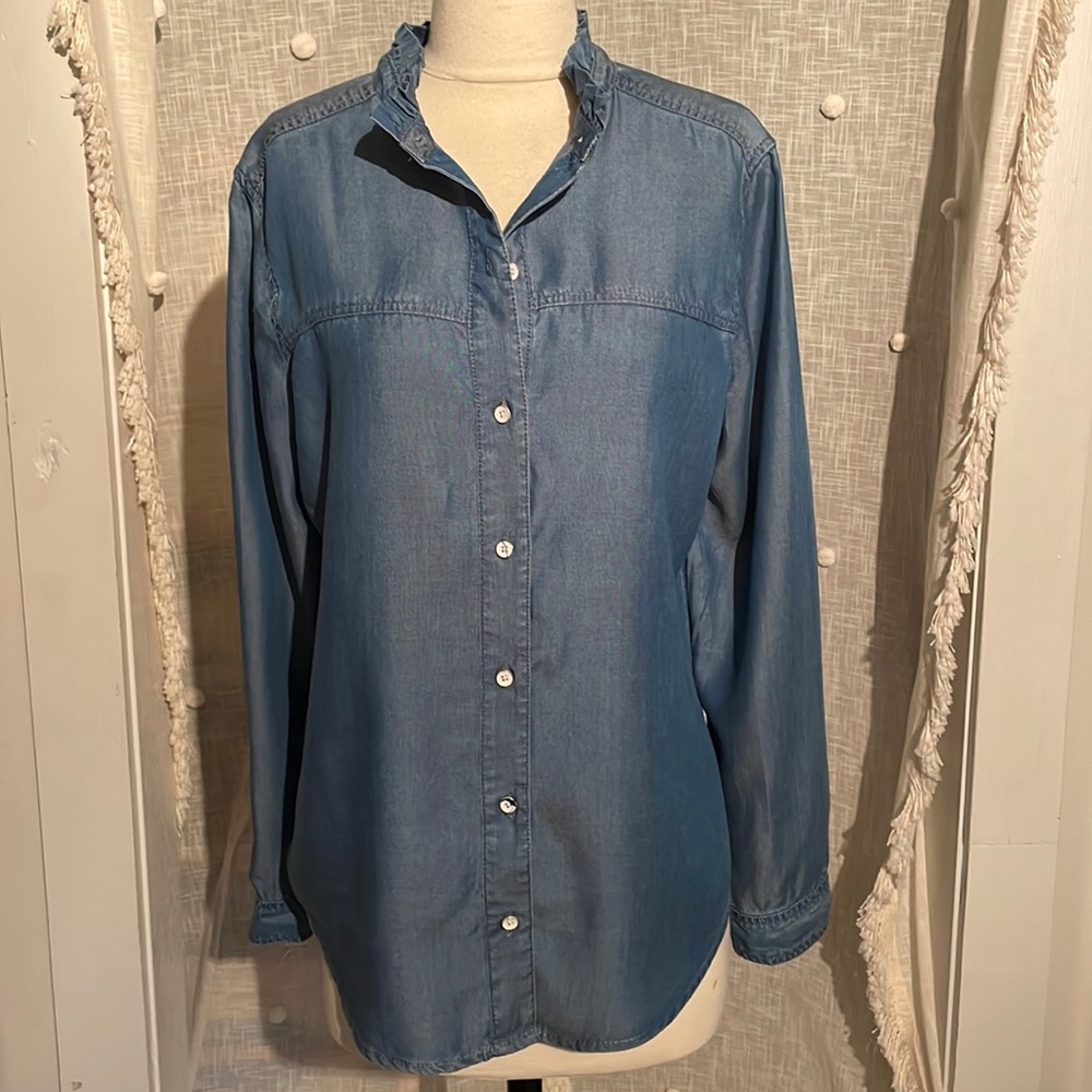 SOLD Caslon Blue Chambray Button Down Top, Size Small